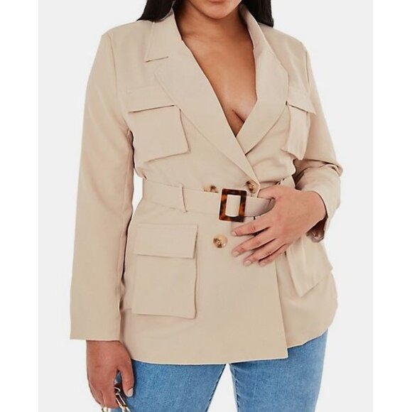 NWT Missguided Sand Belted Double Breasted 4 Pocket Utility Jacket Plus Size 18 - Picture 4 of 4